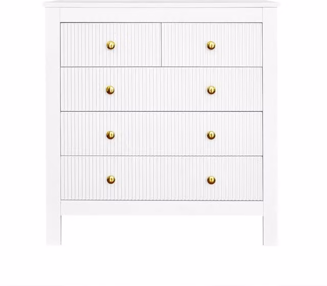 Comò bianco con 5 cassetti, maniglie dorate, struttura stabile in pannelli truciolari, dimensioni 79x80,5x39,5 cm