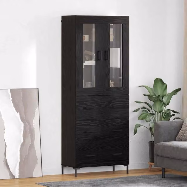 Set di 2 Credenze moderne vidaXL in legno e vetro nero con ante in vetro, L/P/H: 69,5 x 34 x 180 cm – 1