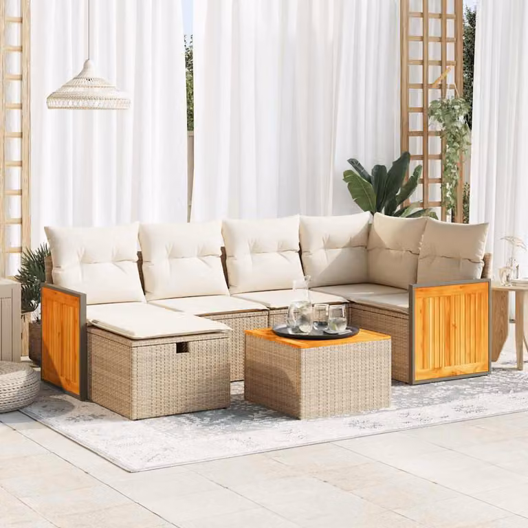 Set Divani da Giardino vidaXL 7 pz a Forma a L con Cuscini Beige e Tavolino, Polyrattan e Acciaio