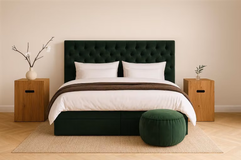 Letto con rete a molle GUTTO modello LIVIA, dimensioni 180 x 200 cm, dotato di 2 contenitori sotto il letto, topper da 5 cm in omaggio, rivestito in velluto verde