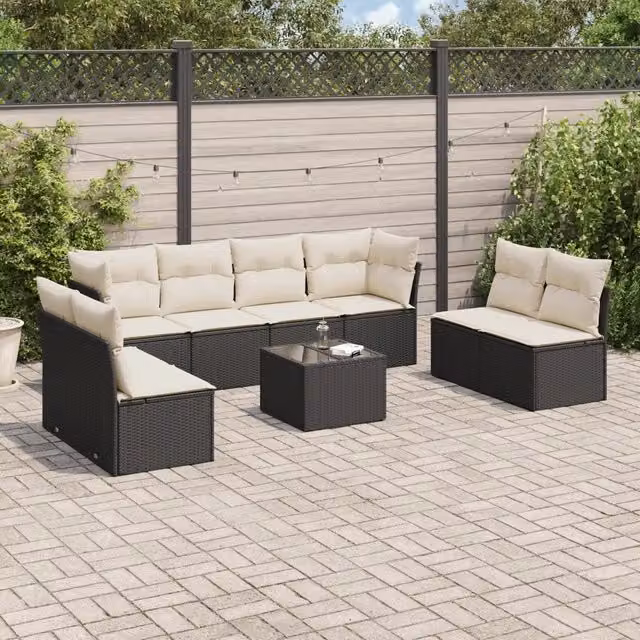 Set Divani da Giardino 9 pz con Cuscini Nero in Polyrattan 3249295
