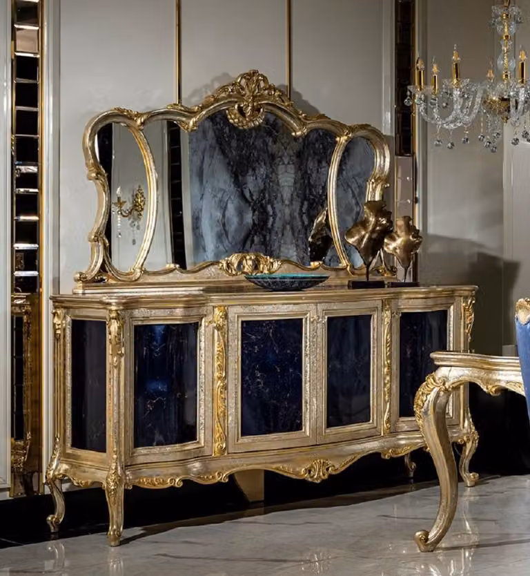 Casa Padrino set di mobili barocchi argento / oro / blu - 1 credenza con 4 ante e 1 specchio - Mobili barocchi fatti a mano - Nobile e magnifico