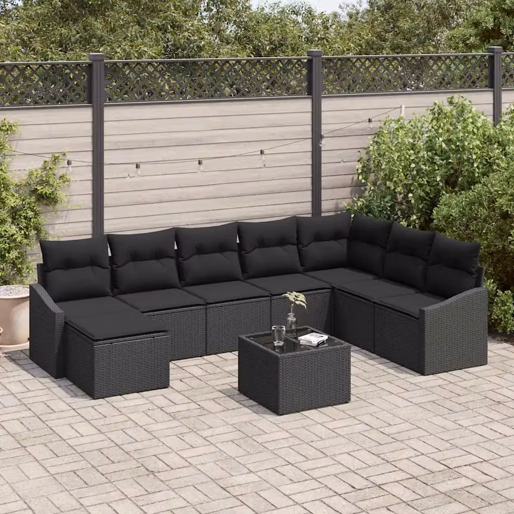 Set di divani da giardino vidaXL 9 pezzi in rattan nero con cuscini e tavolino da esterno – 1