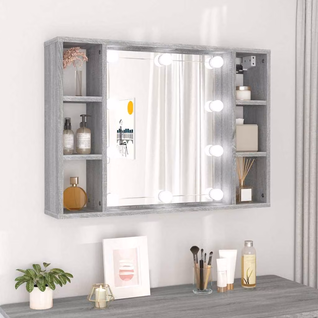 Armadietto da bagno con specchio e LED vidaXL, Grigio Sonoma, L: 76 cm, P: 15 cm, H: 55 cm