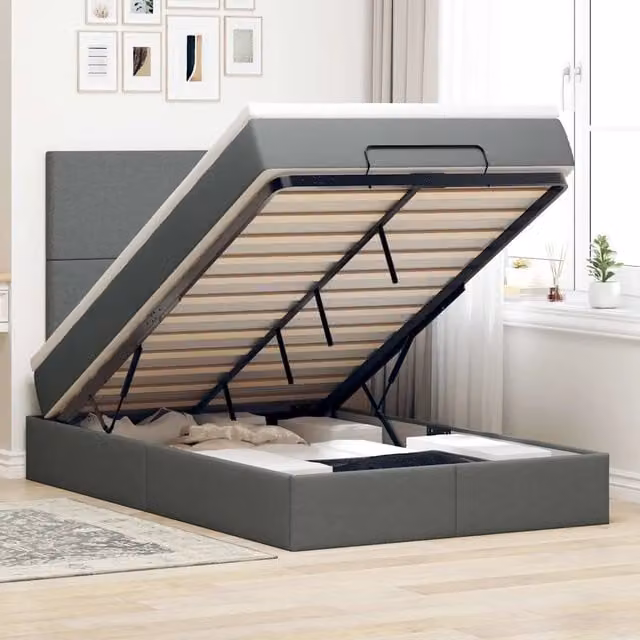 Letto Contenitore con Base a Sollevamento vidaXL in Tessuto Grigio e Bianco L/P/H: 200 x 120 x 40 cm
