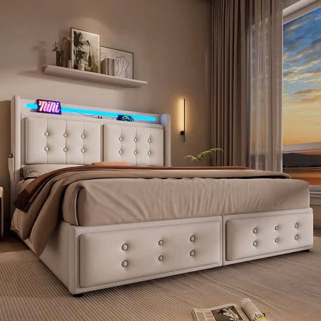Letto a cassettoni per adulti - Xylo - 140x200 cm - Beige - Testiera LED USB C con rete a doghe