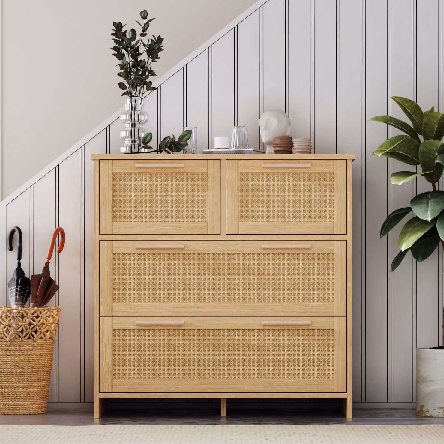 Cassettiera Fortuna Lai, credenza con 4 cassetti e maniglie in legno massiccio rattan - Adatta per camera da letto, soggiorno, sala da pranzo, corridoio, rovere, L80/H80/D38 cm