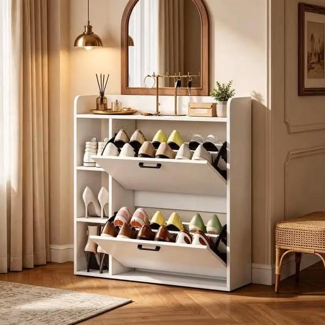 Scarpiera con 2 vani a ribalta e ripiani regolabili per 15 paia in truciolare bianco 83 × 24 × 90;5 cm
