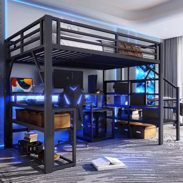 Letto castello 140x200 ferro scala ringhiere LED scrivania USB nero