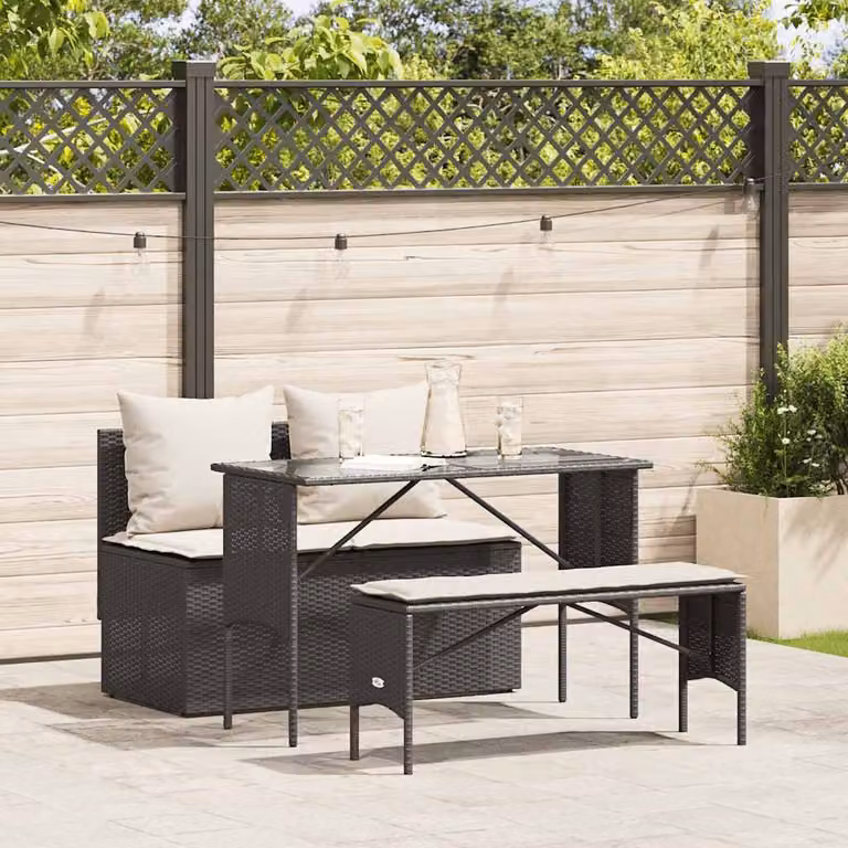 Set da pranzo da giardino vidaXL in polyrattan nero con cuscini e tavolo in vetro per 3 persone