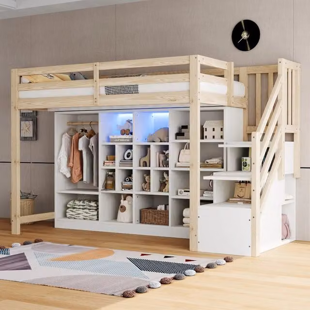 Letto a Soppalco con Armadio, Cassetti, LED e Scala ¨C Xylo ¨C 90x200, Legno