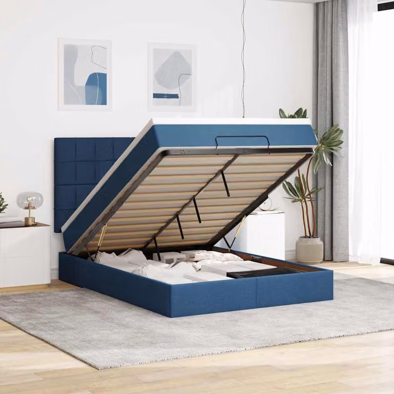 vidaXL Struttura Letto con Contenitore e Materasso in Tessuto Blu e Bianco, L/P/H: 200 x 140 x 28 cm