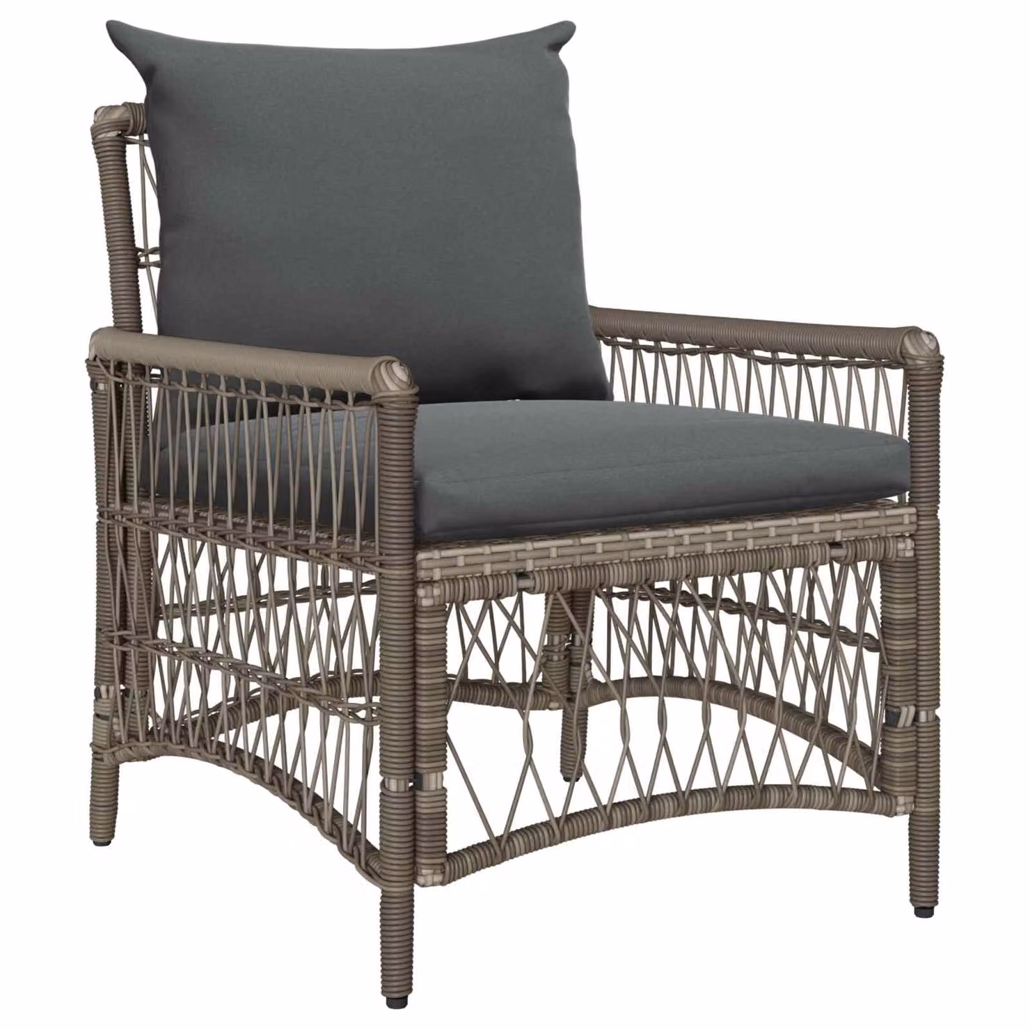 Sedia da giardino moderna vidaXL in polyrattan grigio con cuscini beige e braccioli