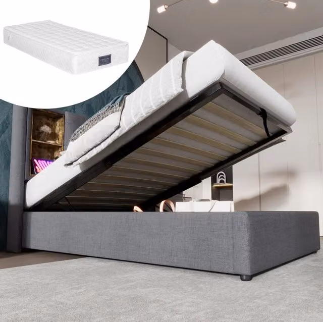 Letto 90x200 cm grigio con contenitore, ricarica wireless e USB, con materasso