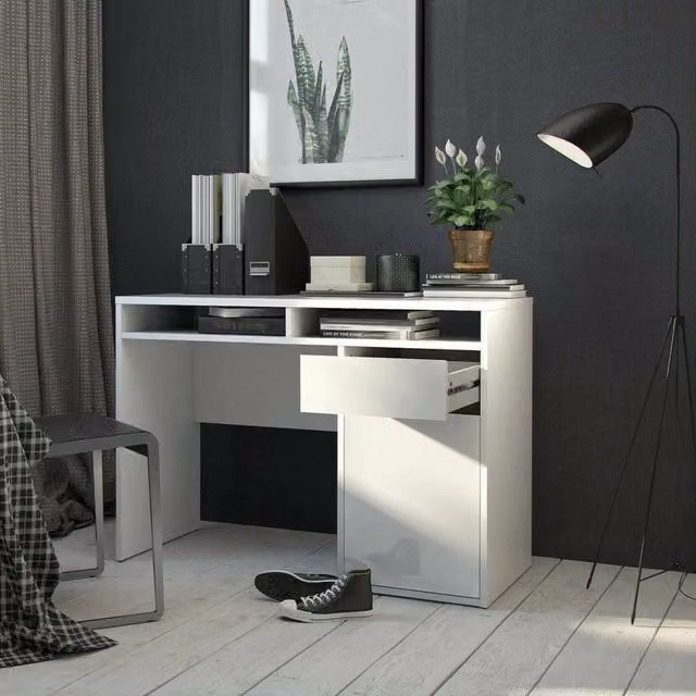 Scrivania DMORA moderna per ufficio e computer, Bianco lucido, L 110 x P 48 x H 77 cm