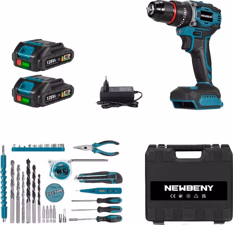 Trapano a percussione, motore brushless, coppia 80 Nm, set di 2 batterie A