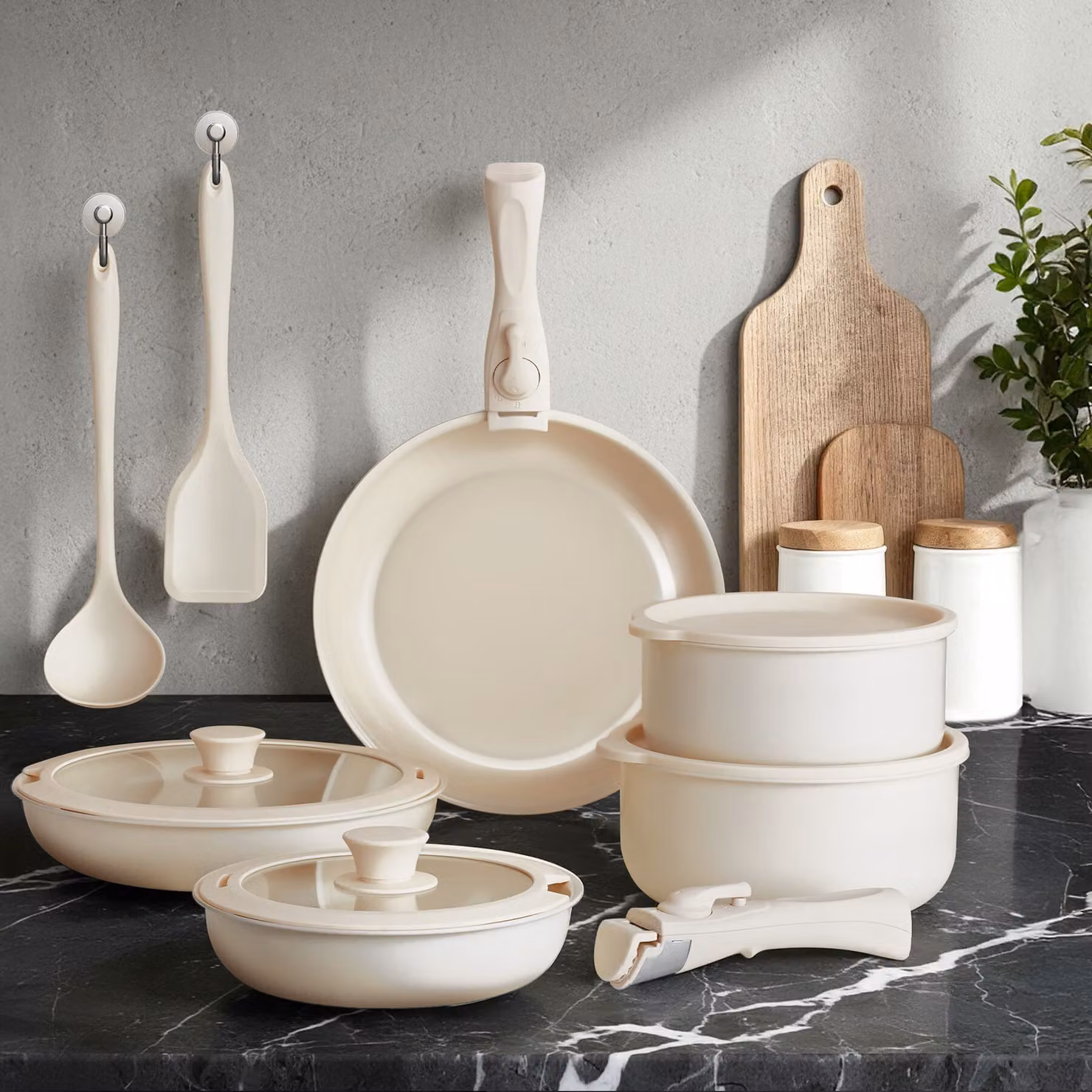 Set di pentole e padelle tectake 16 pezzi in ceramica bianca con coperchi in vetro, adatto per induzione – 1