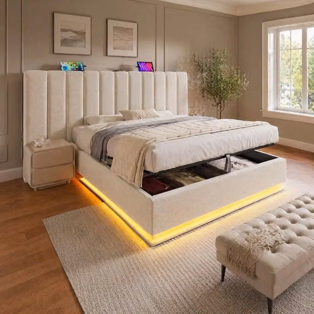 Letto matrimoniale contenitore 160 × 200 cm con rete a doghe in lino beige LED USB e Type C