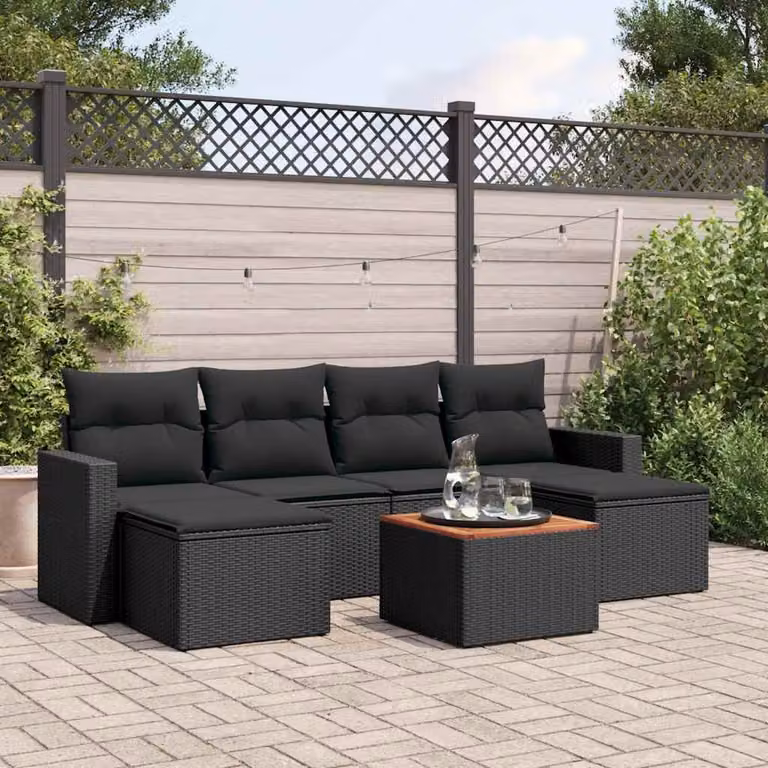 vidaXL Set Divani da Giardino a L con Cuscini 7pz in Polyrattan Nero
