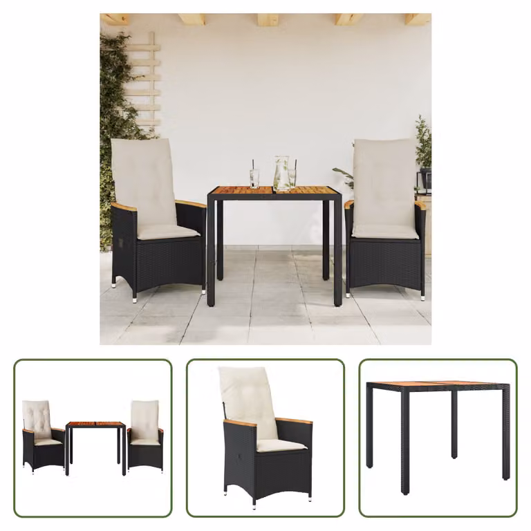 The Living Store Set bistrot 3 pezzi con cuscini in poly rattan nero