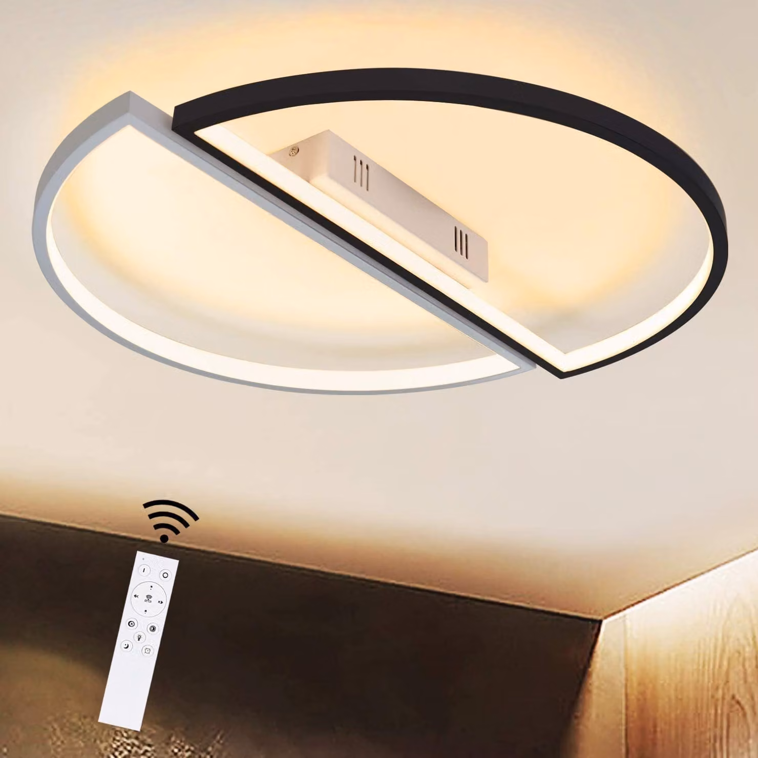 ZMH LED Lampada da soffitto Soggiorno - Plafoniera dimmerabile con telecomando Camera da letto Moderna Nero Bianco Soggiorno Lampada 53W Deco