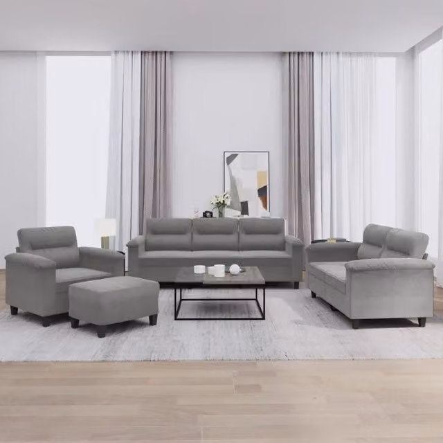 Set di Divani Moderno vidaXL in Microfibra Grigia con Cuscini e Pouf per Soggiorno – 1
