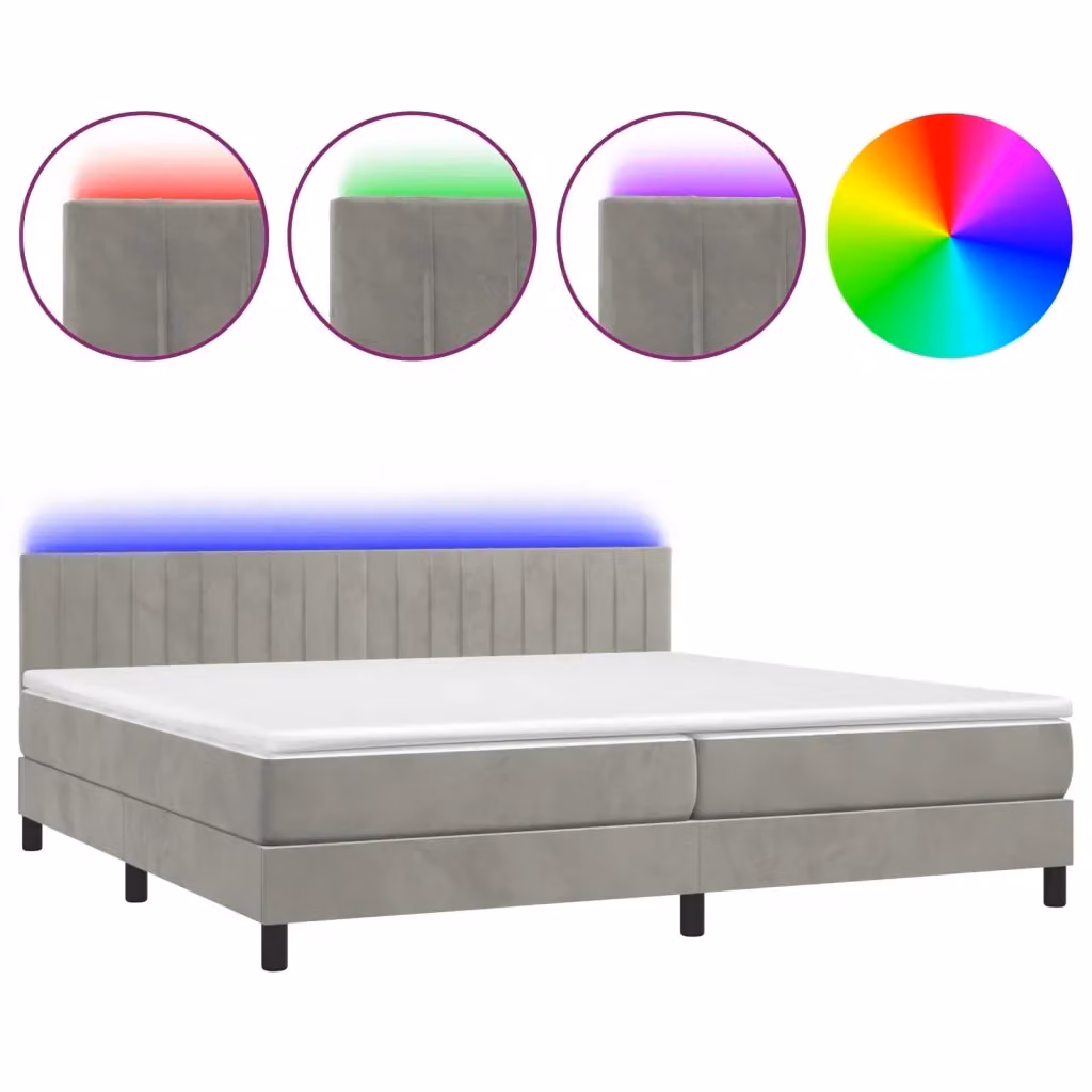 vidaXL Letto Ibrido con Materasso e Illuminazione LED in Velluto Grigio Chiaro L/P: 200 x 200 cm – 2