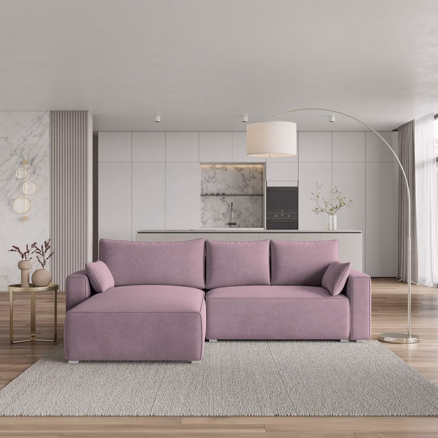 Divano angolare Masseno FORIL con funzione letto a L, divano con box letto, divano da salotto, divano, divano, divano letto, set di divani - viola, MONOLITH 62