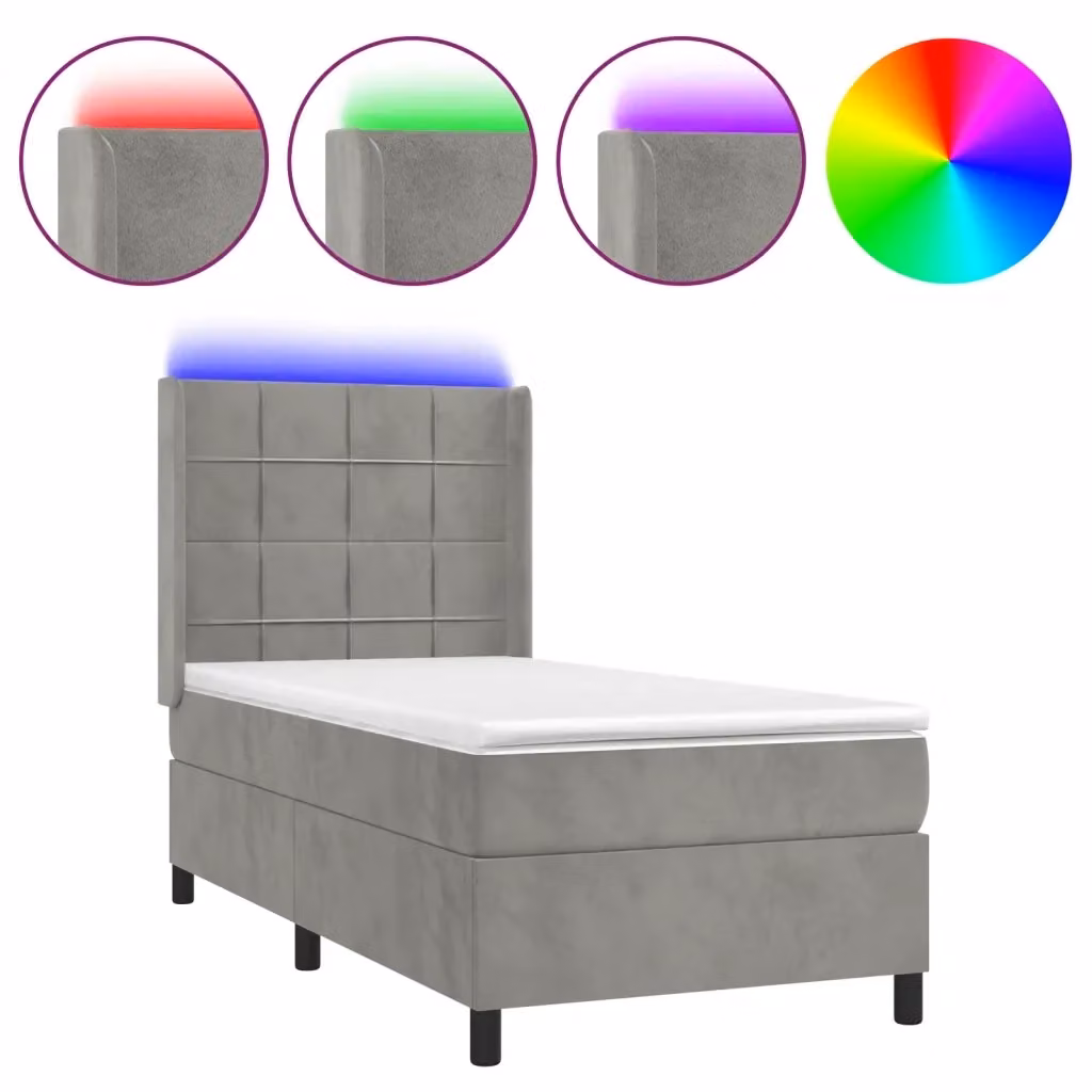 Letto matrimoniale moderno vidaXL in velluto grigio chiaro con illuminazione LED sottostante e materasso ibrido L/P: 200 x 80 cm – 2