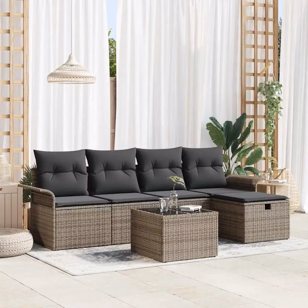 Set Divano da Giardino vidaXL 6 pz Grigio con Cuscini e Tavolino in Polyrattan e Acciaio – 1
