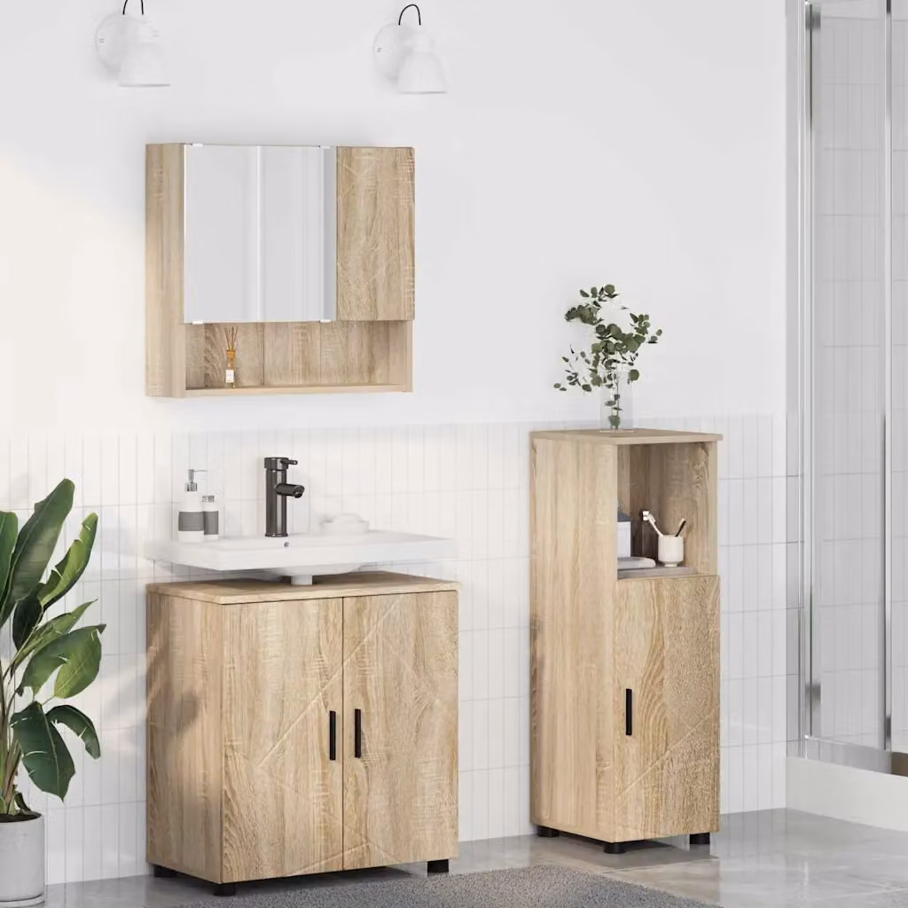 Set di mobili per il bagno moderno vidaXL composto da 3 pezzi in colore marrone, include base lavabo, armadietto con specchio e colonna, L/P/H: 61 x 35 x 64 cm
