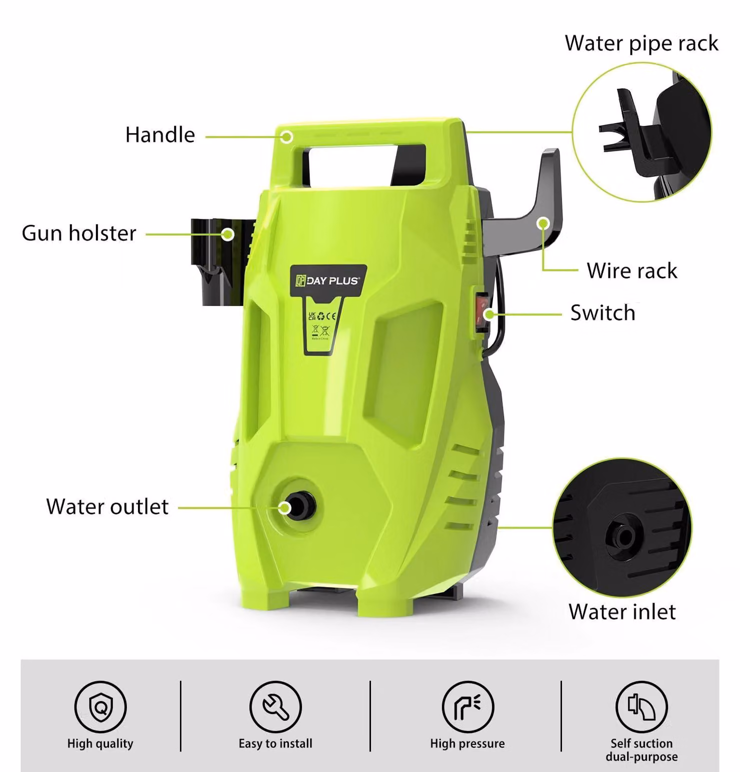 Idropulitrice - Elettrica portatile - Potenza 5000 W - Pressione 350 bar - Portata 5 l/min - Tubo flessibile 7 m - Cavo di alimentazione 5,5 m - Tensione 240 V - Verde