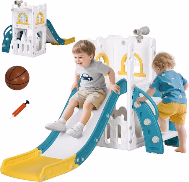 Set Gioco 5 in 1 XYLO con Scivolo, Canestro e Scaletta, Giallo e Verde