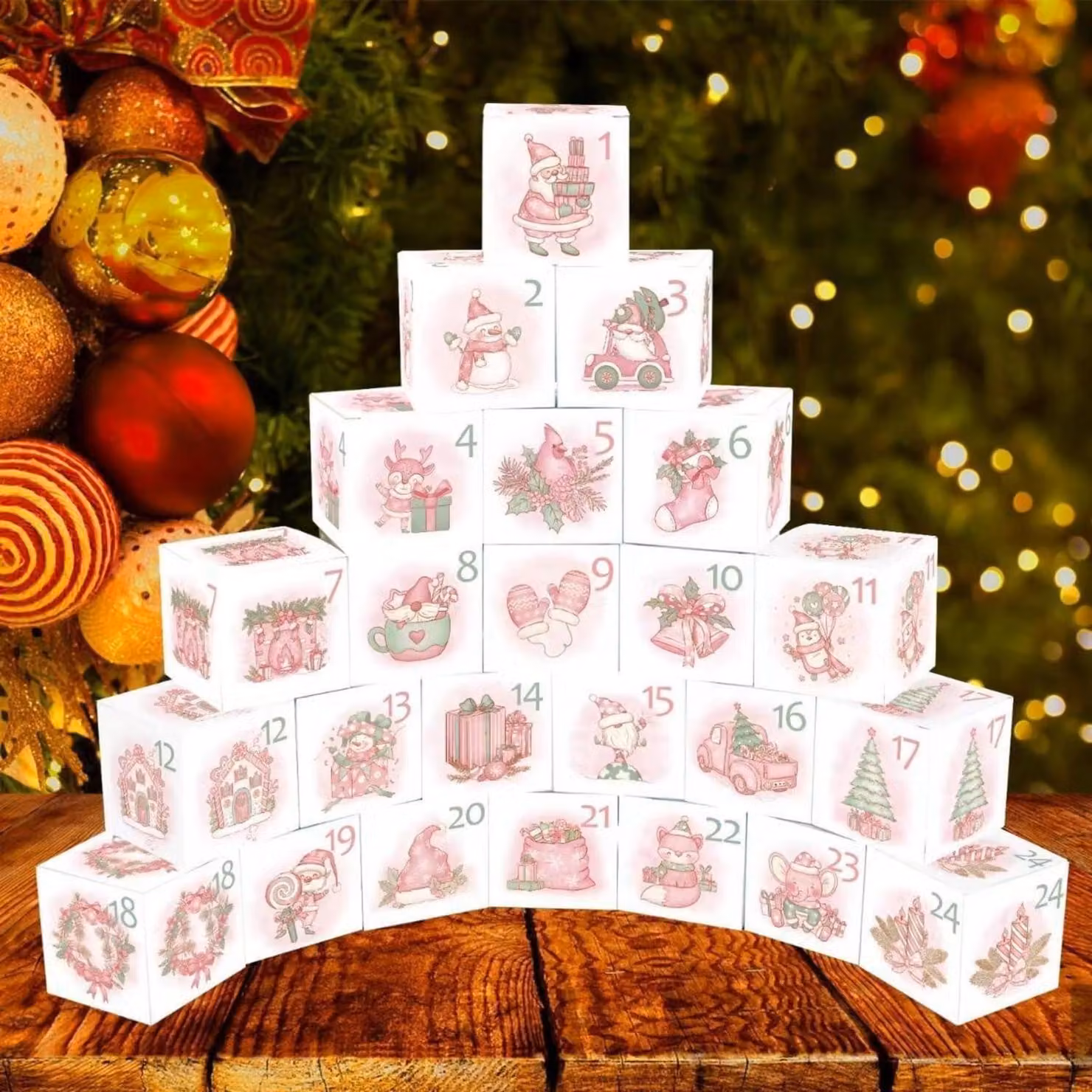 Calendario dell'Avvento fai-da-te, con 24 scatole da riempire, dimensioni 7x7x7 cm, colore rosa