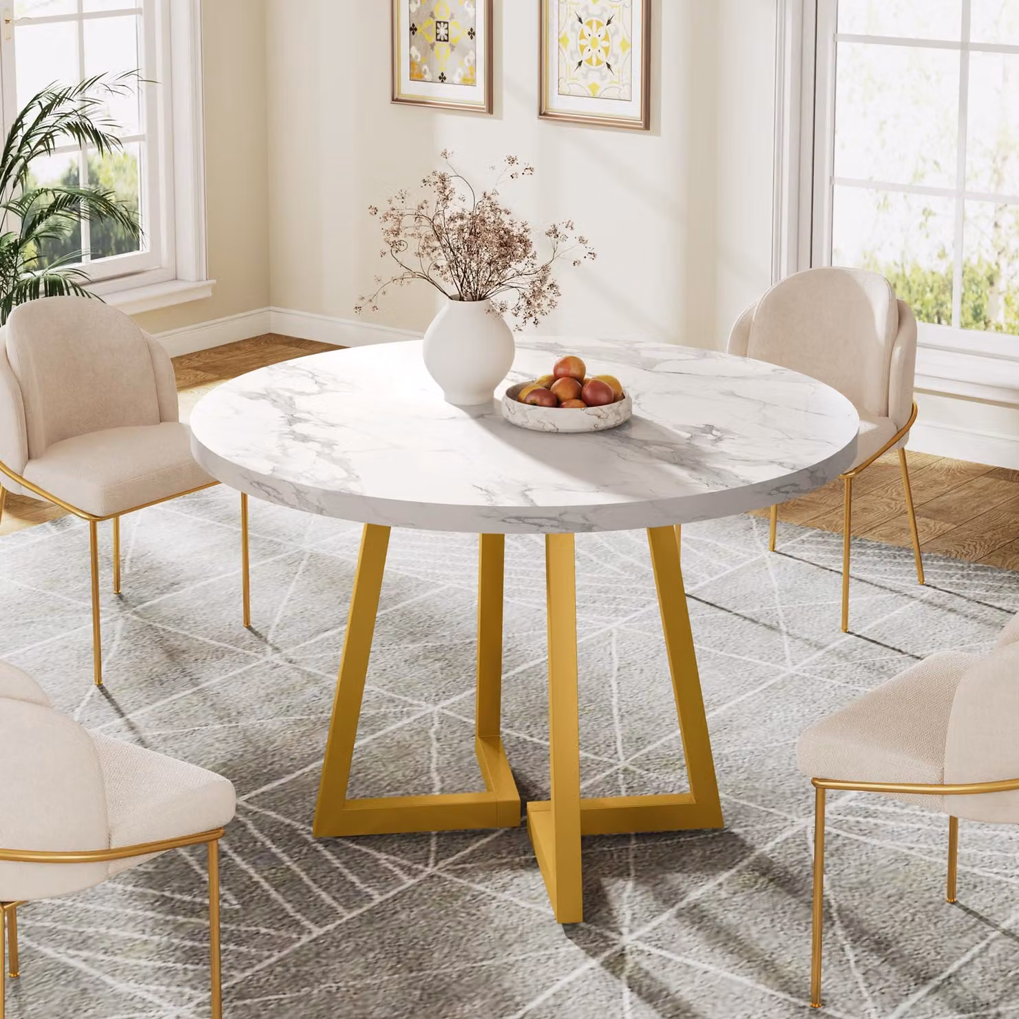 Tavolo da pranzo rotondo Tribesigns per 2 persone, tavolo da cucina da 80 cm con struttura in metallo, piccolo tavolo perda pranzo, uffici, ristoranti, bianco e oro