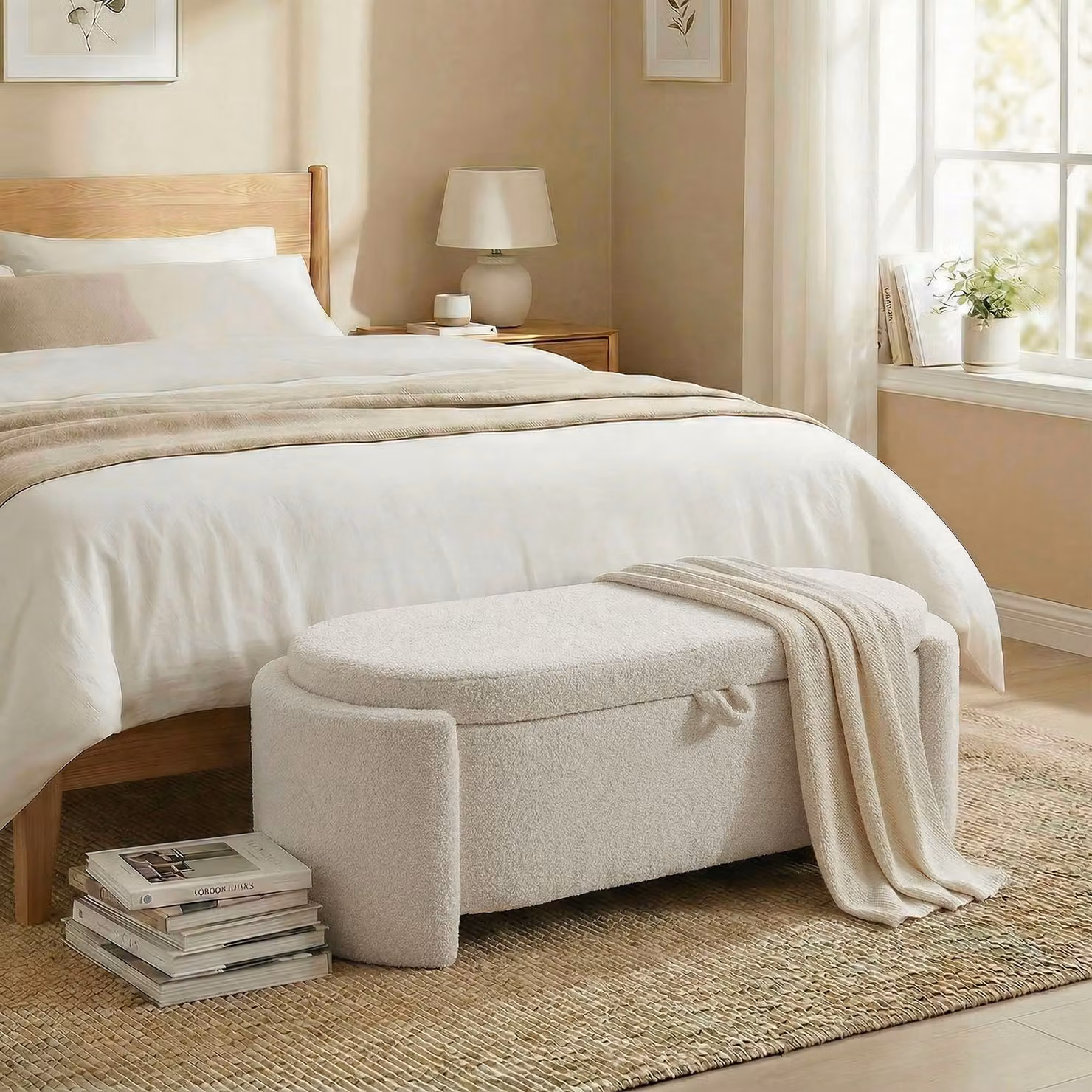 Panca contenitore ovale HOMCOM in tessuto teddy beige, L: 129 cm, P: 48,5 cm, H: 44 cm – 2