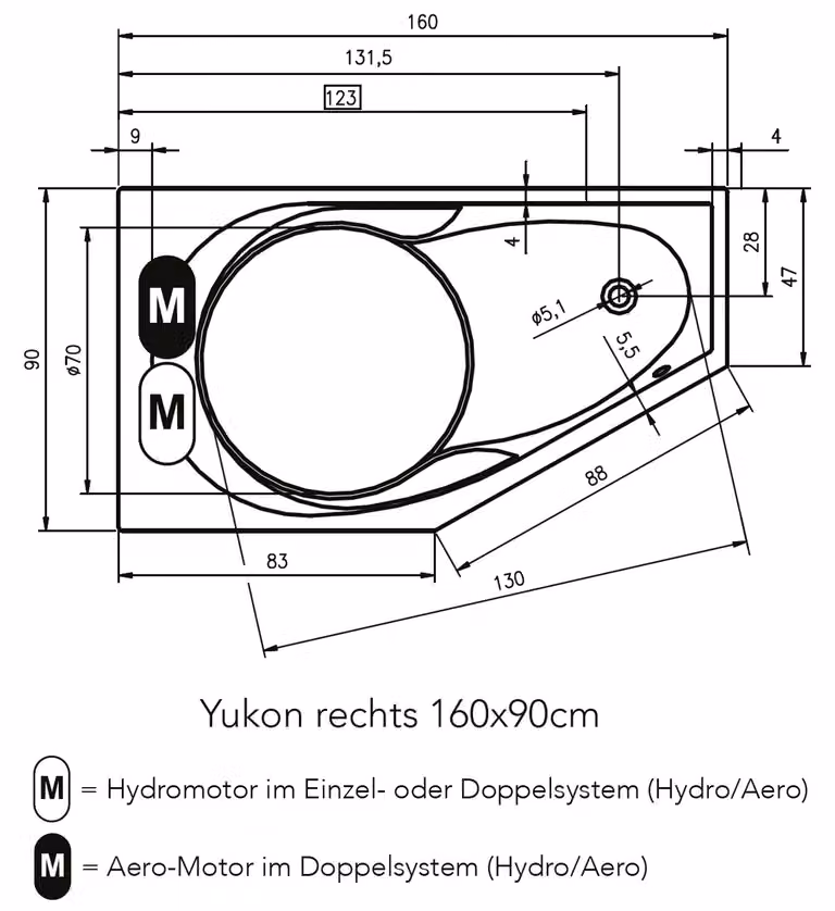 RIHO Yukon Easypool 3.1 Baignoires d'angle, avec commande tactile, à encastrer, 160x90x48cm, 1 place, blanc, B008006005, B008006005