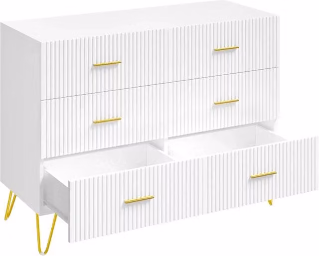 Cassettiera moderna con 6 cassetti e maniglie dorate per soggiorno o camera da letto, frontali scanalati, bianco e oro, L: 100 cm, P: 40 cm, H: 75 cm – 1