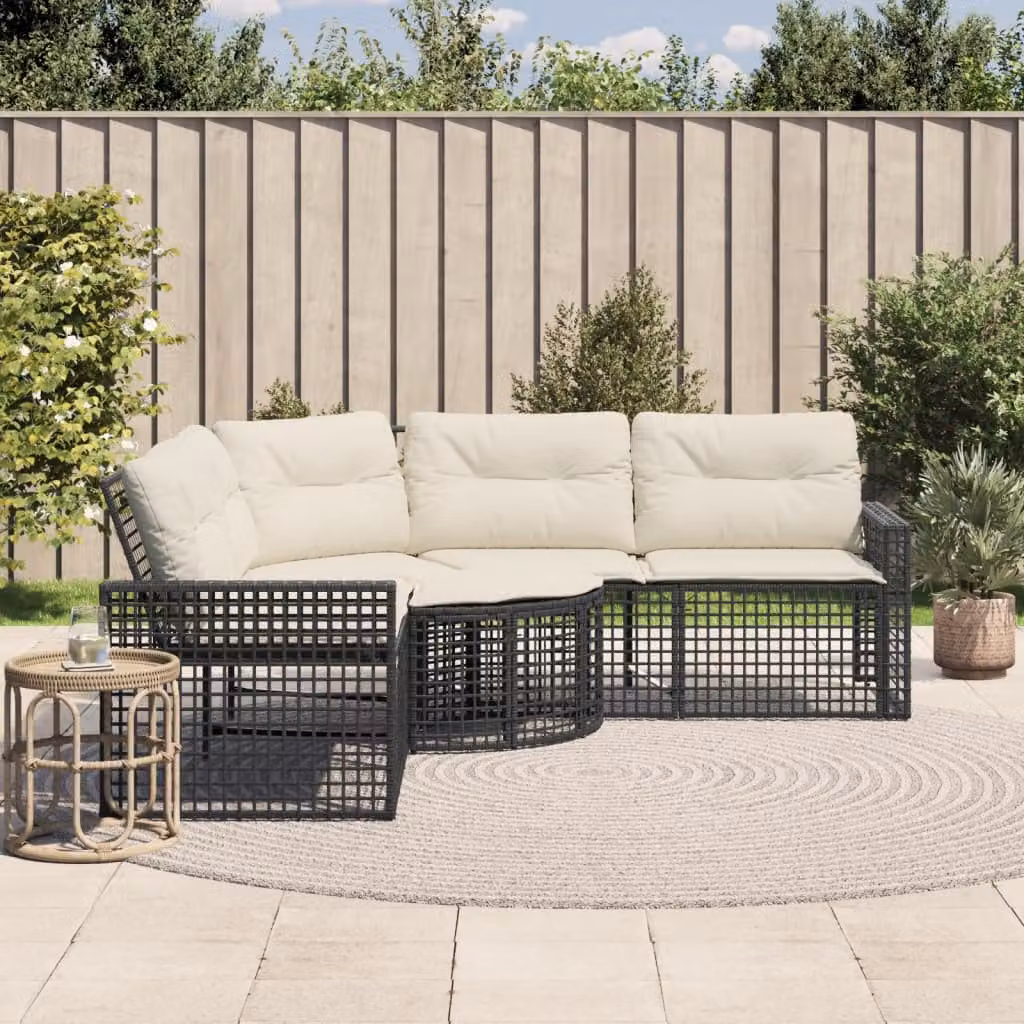 vidaXL Divano da Giardino a L con Cuscini e Pouf Nero in Polyrattan e Struttura in Metallo