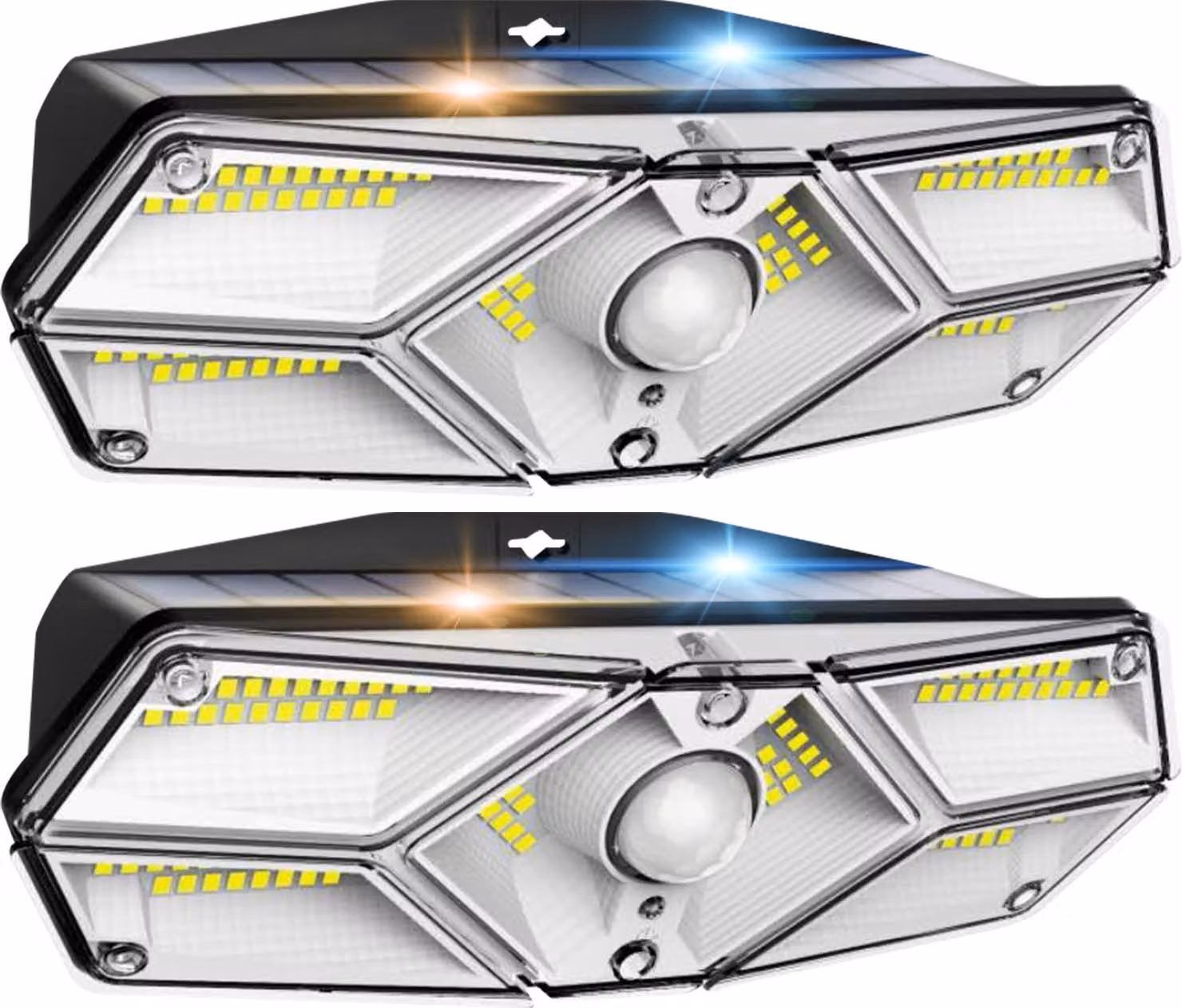 Set di 2 luci solari LED da 104, con sensore di movimento, per esterni, da parete, adatte per giardino, garage, terrazza e veranda