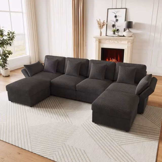 Divano angolare modulare 290x159.5x89 cm con braccioli regolabili in velluto a coste grigio