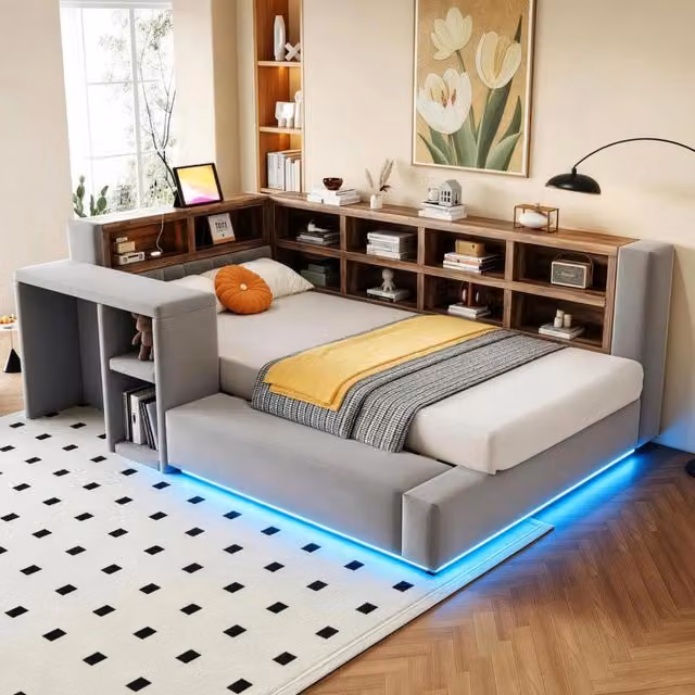 Letto imbottito 90x200 cm con contenitori a più livelli, illuminazione LED e prese integrate, colore grigio scuro