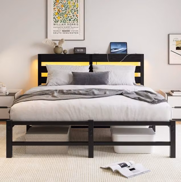 Letto matrimoniale 140x200 cm in metallo e legno con LED RGB; 2 USB e vano sottoletto