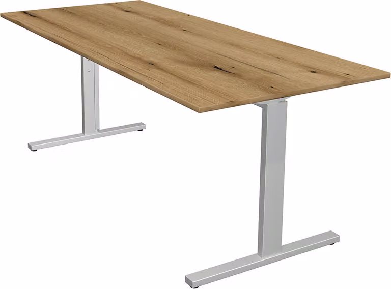 Scrivania Kerkmann Form 2 180x80x70-82 cm, base a T in alluminio argento, rovere nodoso