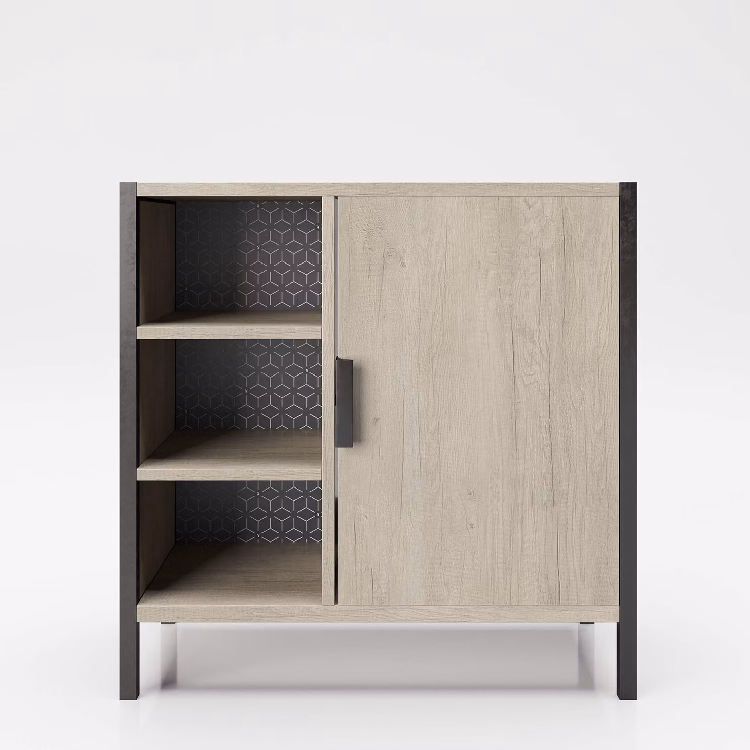 Mobiletto da bagno con 3 scomparti e 1 anta, in legno di quercia massello, dimensioni 60x60x30 cm