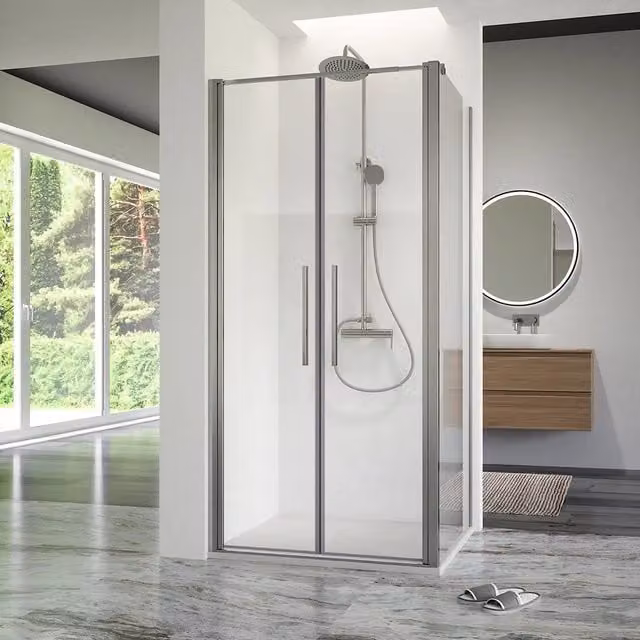 Box doccia 70x80cm con apertura saloon e parete fissa, profili cromati e vetro da 6mm trasparente h195 | Elba