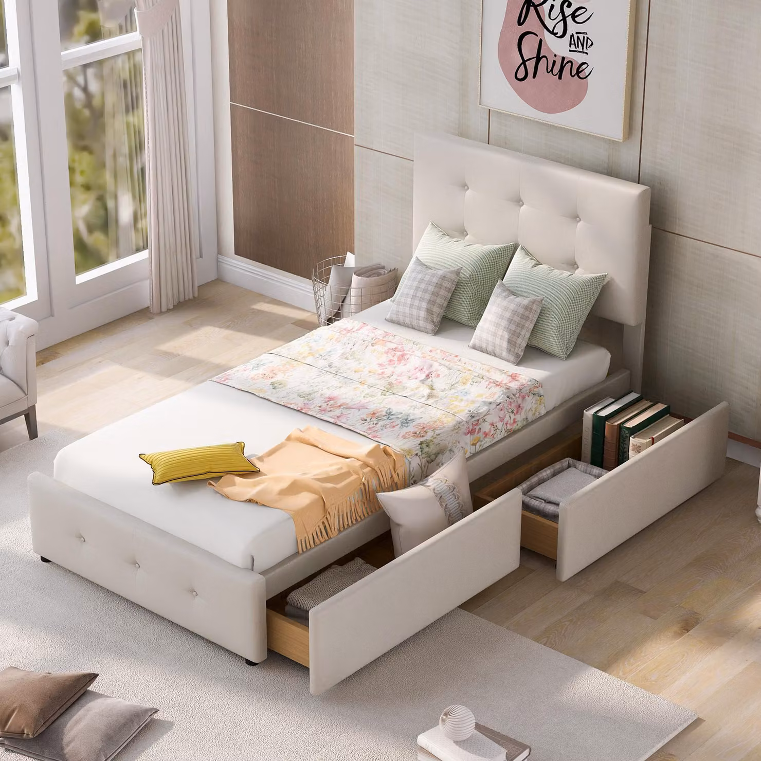 letto imbottito okwish 90 x 200 cm letto con rete a doghe e due cassetti, in velluto letto singolo letto per bambini letto per bambini letto per ospiti letto beige (senza materasso)