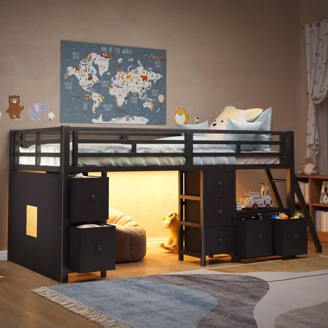 Letto a mezza altezza 90x200 cm salvaspazio con 7 cassetti in tessuto; mensole; area gioco e LED 7 colori; nero