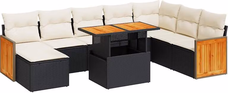 Set Divani da Giardino 9 pz con Cuscini Nero Polyrattan Acacia