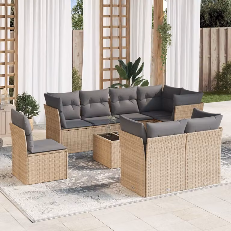 vidaXL Set Divano da Giardino 9 pz in Polyrattan Beige con Cuscini e Tavolino da Esterno